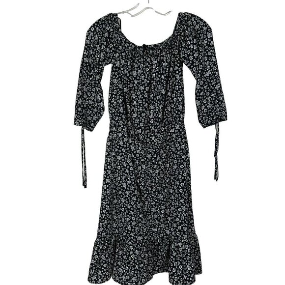 Zara Black White Floral Off Shoulder Midi Dress Ruffled With Rushing XS - Picture 3 of 15